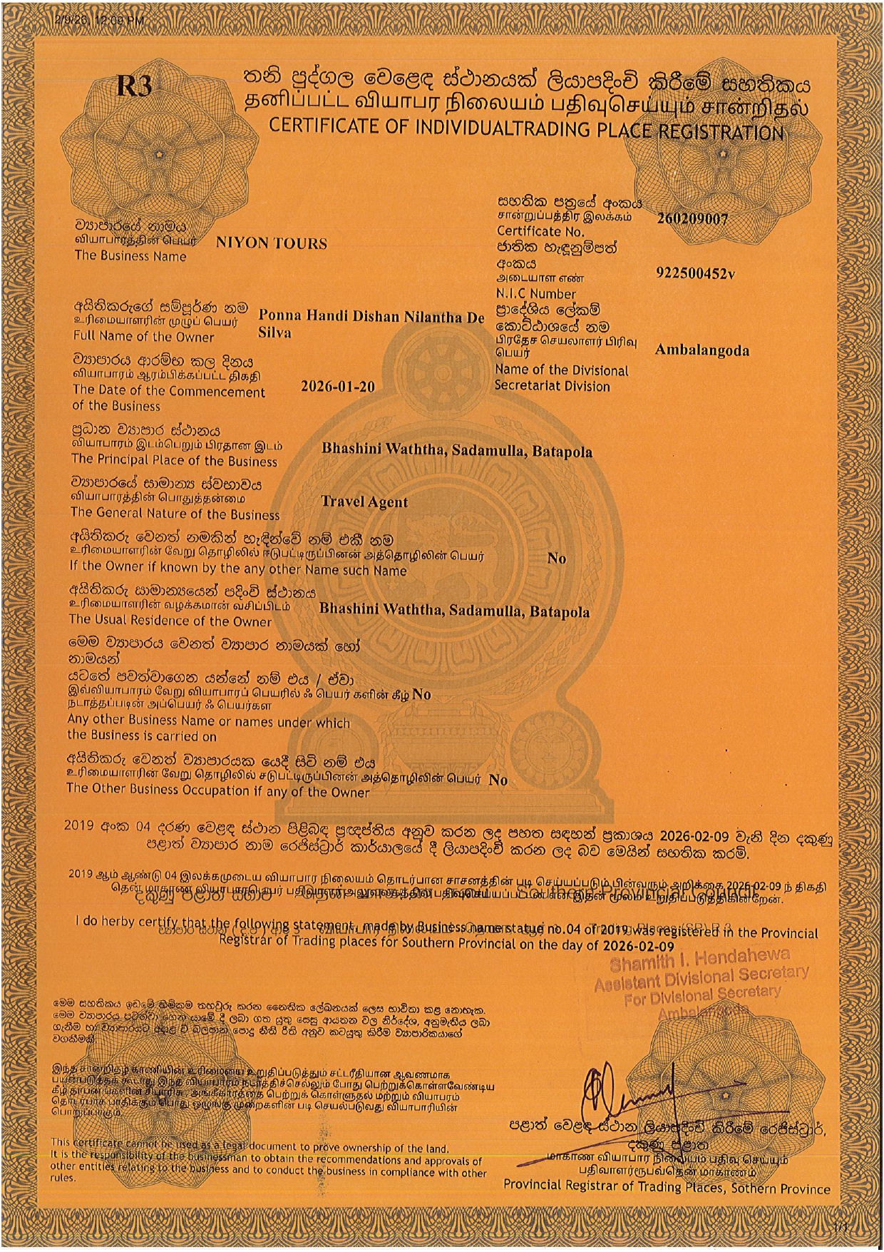 Niyon Tours Business Registration Certificate